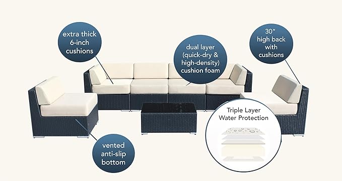Ohana 7-Piece Outdoor Gray Patio Furniture Sectional Conversation Set with 6-inch Rainshield Water Protection Gray Cushions - No Assembly with Free Patio Cover
