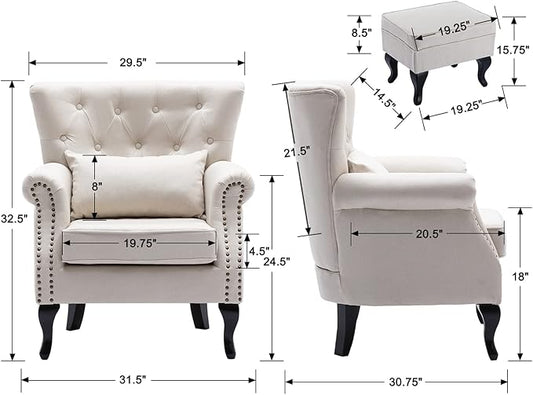 Mid Century Modern Accent Chair Upholstered Armchair Comfy Linen Fabric Tufted Wingback Single Sofa with Ottoman for Bedroom Living Room, Beige