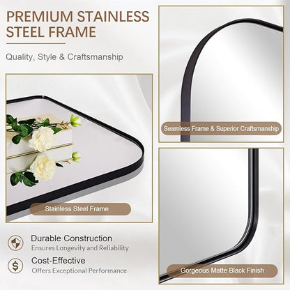 ANDY STAR Black Arched Mantel Large Wall Mirror 30x36, Matte Black Stainless Steel Frame, Arch Mirror with Soft Curved Corner for Bathroom, Entryway, Fireplace Mantel, Bedroom & Living Room Wall Decor