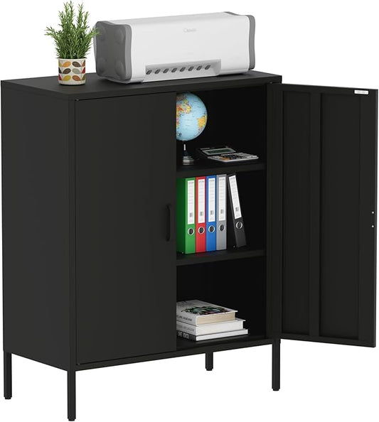 Metal Storage Cabinet with Doors and Shelves,Multipurpose Storage Rack, 3-Tier Shelf,Metal Locker Style Accent Cabinet for Home Office,Living Room,Kitchen (Black, 40''H)