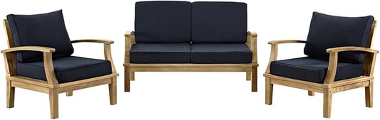 Modway Marina Premium Grade A Teak Wood Outdoor Patio Loveseat and Two Armchairs in Natural Navy