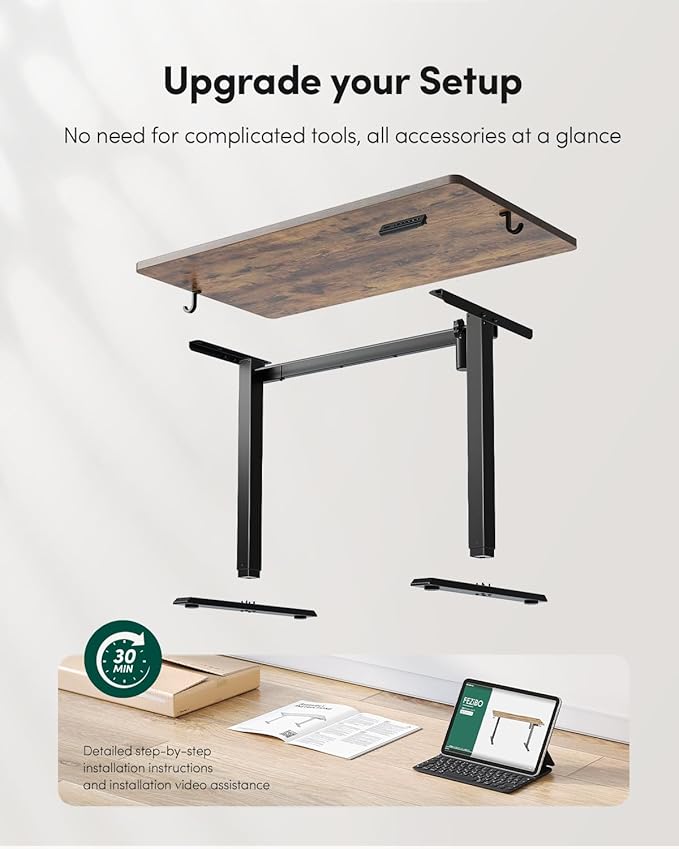 FEZIBO One-Piece Standing Desk Adjustable Height Stand up Home Office Desk, 32x20 Inch Electric Standing Computer Desk, with 4 Memory Presets, Headphone Hook, Rustic Brown