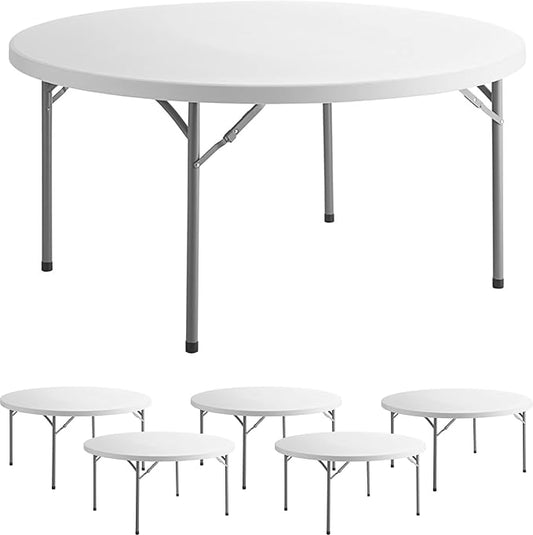6 Pack 60" Round Granite White Plastic Folding Table - Heavy Duty Banquet, Party, Wedding Table - 5-Foot