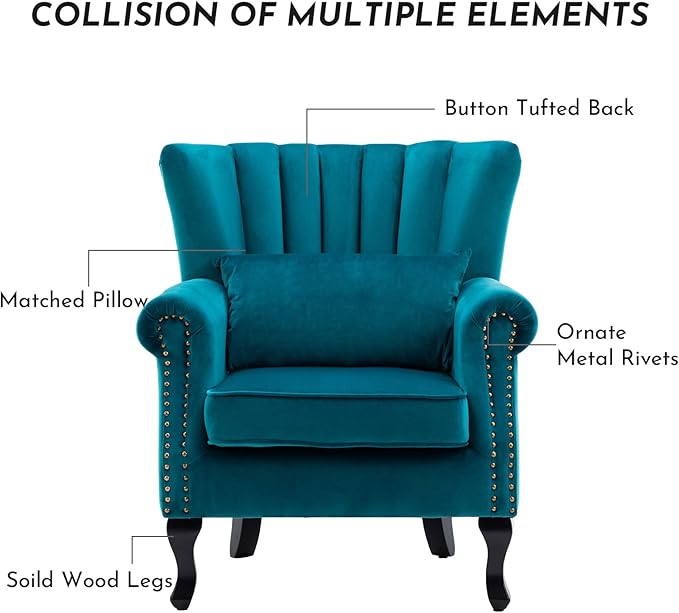 Accent Reading Arm Chairs Midcentury Modern Comfy Corner Sofa Chair, Wingback Waiting Room Club Chair with Tufted Back for Living Room/Bedroom/Reception Room, Velvet Teal
