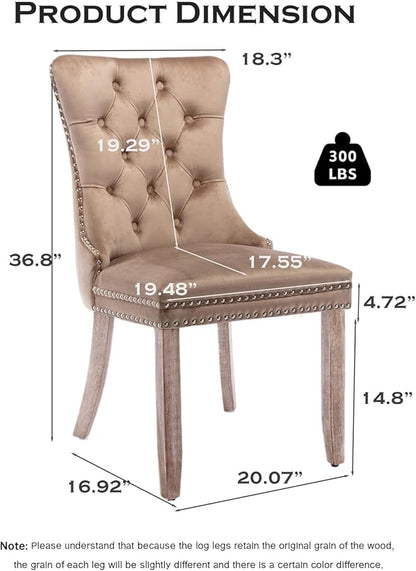 Velvet Upholstered Dining Chairs Set of 2, Modern Style Kitchen Side Chairs with Nailhead Trim and Wood Legs,Metal Pulling Ring for Dining Room Living Room(Khaki)