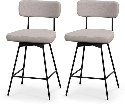 COSTWAY Bar Stools Set of 2, 25” Upholstered Counter Height Bar Stools with Back, 360° Swivel Dining Chairs with Heavy-Duty Metal Legs and Footrests, for Kitchen Island, Dining Room, Bar (2, Beige)