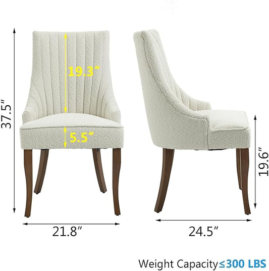 mikibama Boucle Dining Chairs Set of 2 Channel Tufted Kitchen Dinner Chair Comfy Teddy Fabric Upholstered Accent Chair for Dining Room with Solid Wood Legs (Off White 2pc)