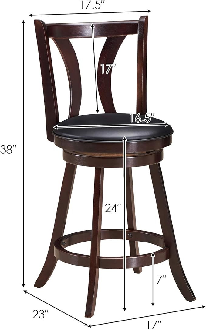 COSTWAY Bar Stools Set of 4, 360-Degree Swivel Stools with Leather Padded Seat, Single Slat Back & Solid Rubber Wood Legs, Counter Height Stools for Pub, Restaurant, Kitchen, Brown (4)