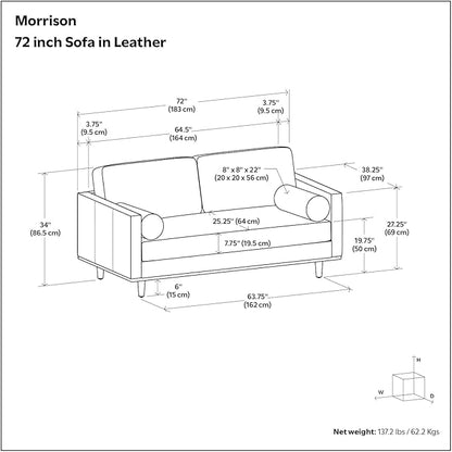 SIMPLIHOME Morrison 72-inch Wide Sofa in Sienna Top Grain Genuine Leather, Mid-Century Modern-Style Loveseat for Living Room, Single Bench Cushion, Removable Back Cushions, 2 Bolster Pillows