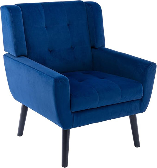 Dolonm Midcentury Modern Velvet Accent Chair with Arms, Upholstered Reading Side Chair Tufted Back Decorative Wingback Chair for Living Room Bedroom (Blue - Velvet)