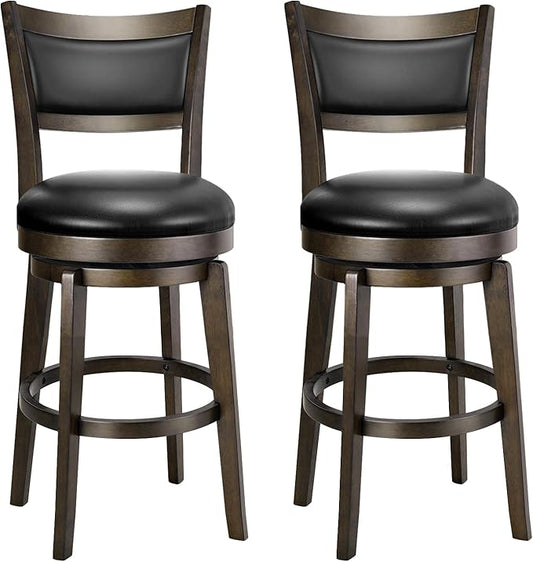 PrimeZone Swivel Bar Stools Set of 2, 24 Inch Counter Height Barstools, Black Faux Leather Bar Stool with High Backrest & Solid Wood Legs & Wrap-around Footrest, Counter Stools for Kitchen Island, Pub