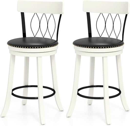 COSTWAY Bar Stools Set of 2, 26” Seat Height Swivel Barstools with Ergonomic Backrest, Soft Cushion & Footrest, Rubber Wood Counter Height Bar Chairs Upholstered Dining Chairs for Kitchen Island