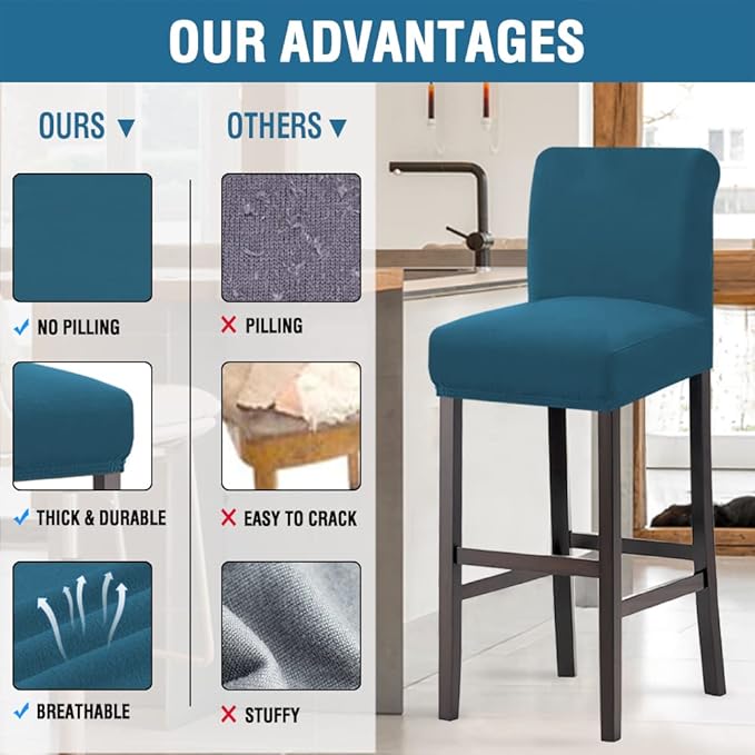H.VERSAILTEX 100% Waterproof Bar Stool Cover Stretch Counter Stool Pub Chair Slipcover for Dining Room Removable Soft Thick Solid Fleece Fabric Bar Stool Slipcovers Set of 4, Peacock Blue