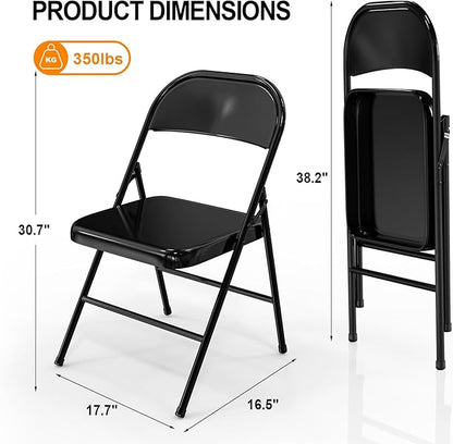 VINGLI Folding Chairs All Steel Metal Frame, Capacity 350 lbs, Durable Portable and Versatile for Indoor Outdoor Use, Black, Set of 4