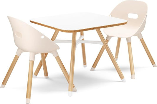 Lalo The Play Kit - Kids Table & Chairs Set with Sustainably Sourced Wood Table & 2 Non-Toxic Bucket Seat Chairs - Safe & Comfortable - Coconut/Grapefruit
