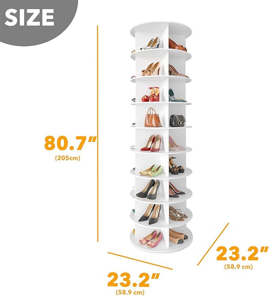 SpaceAid 9 Tier Rotating Shoe Rack Tower, Spinning Shoe Display Lazy Susan, Revolving 360 Shoe Rack Storage Round Carousel, Vertical Handbag Rotate Shoes Closet Organization (9-Tier White)