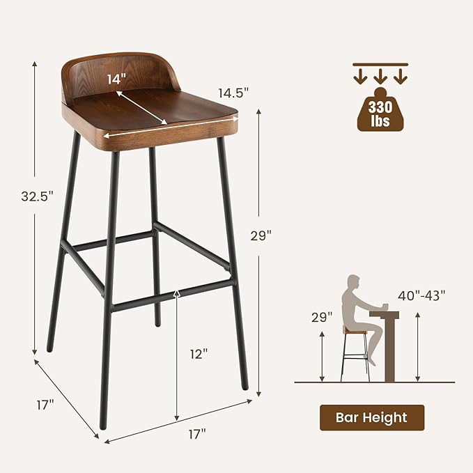COSTWAY Bar Stool Set of 4, 29'' Industrial Pub Stool with Low Backrest and Footrest, Metal Legs, Breakfast Counter Height Chair for Island Living Room Kitchen Bar, Rustic Brown & Black