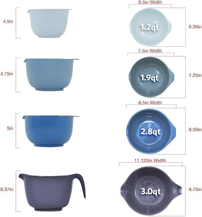 Glad Mixing Bowls with Pour Spout, Set of 4 - Nesting Plastic Bowls (1.2qt, 1.9qt, 2.8qt, and 3qt with Handle) - Non Slip Base, Dishwasher Safe Kitchen Cooking and Baking Supplies, Blue
