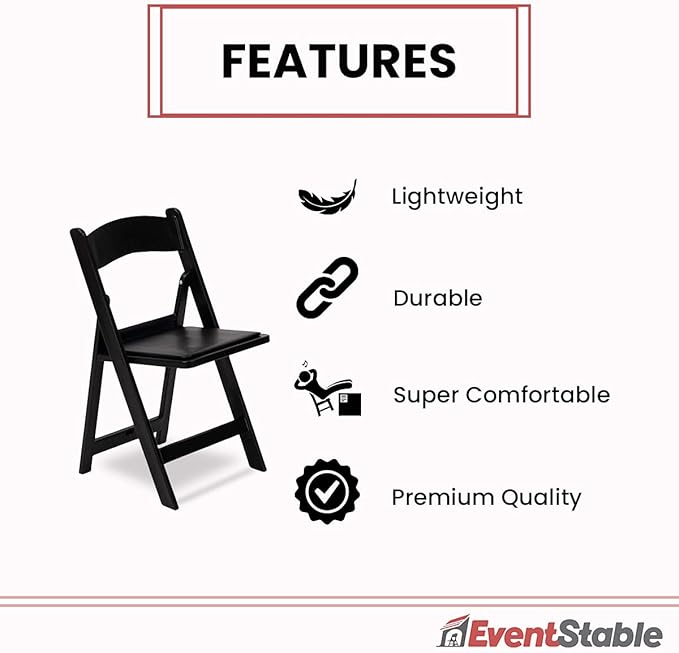 EventStable Titan PRO Resin Folding Chair - Black Indoor/Outdoor Lightweight Foldable Chair - Vinyl Padded Folding Chair for Weddings Parties Events - 4 Pack