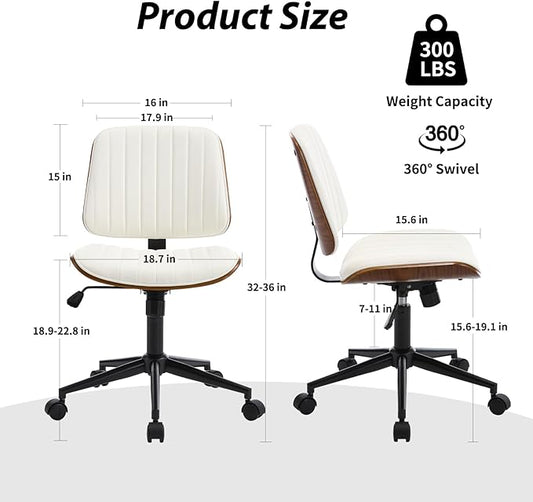 Small Home Office Chair - Armless Mid Back Desk Chair with 360° Swivel and Wheels, PU Upholstered Height Adjustable Modern Walnut Computer Chair for Home, Office Meeting Room - Black