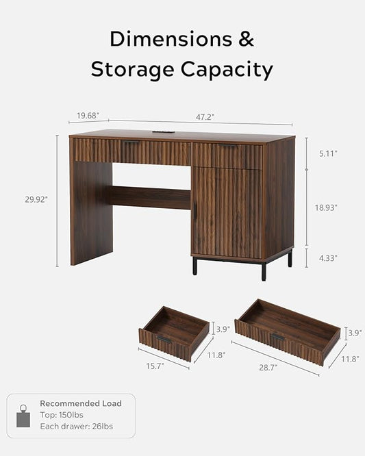47" Fluted Executive Desk, Modern Wood Home Office Desk with Charging Station, Drawer & Cabinet, Computer Writing Desk for Work Study, Brown