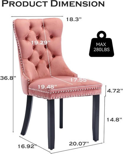 Velvet Upholstered Dining Chairs Set of 2, Modern Style Kitchen Side Chairs with Nailhead Trim and Wood Legs,Metal Pulling Ring for Dining Room Living Room(Pink,Set of 2)