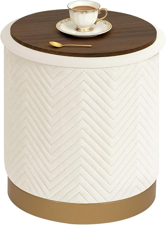 B FSOBEIIALEO Ottoman with Stroage, Round Velvet Storage Ottoman with Gold Plating Base,Foot Rest Stool for Dorm Room, Living Room White, 14.76"x14.76"x16.36"