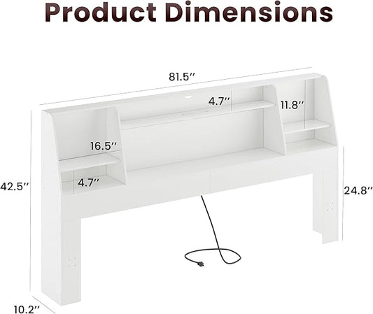 King Size Headboard Only for Bed, Wood Bookcase Headboard with Charging Station & 2 LED Lights, Modern King Bookshelf Headboard with Storage, Noise-Free, Sturdy and Durable, White