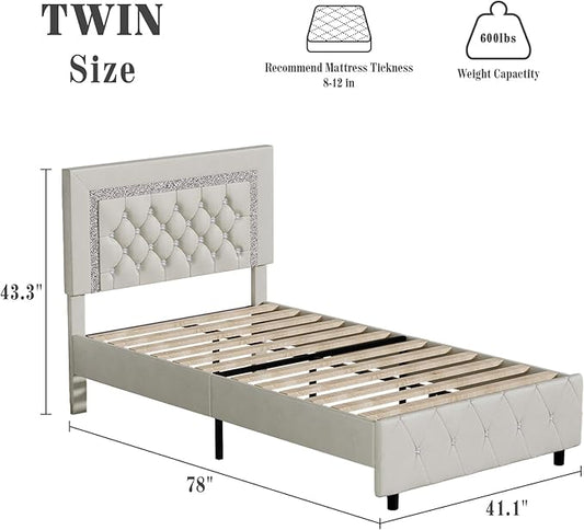 BarnFurin Twin Bed Frame with Diamond Tufted Headboard, Faux Leather Upholstered Bed with Wooden Slats Support, No Box Spring Needed, Mattress Foundation, Easy Assembly, Cream