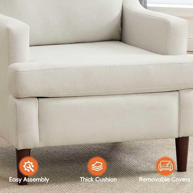 Mid-Century Accent Chair Modern Linen Fabric Armchair for Living Room,Deep Seat Comfy Upholstered Reading Chairs for Bedroom,Single Sofa Chair with Wood Legs (Linen Beige, Set of 2)