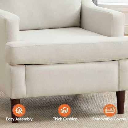 Mid-Century Accent Chair Modern Linen Fabric Armchair for Living Room,Deep Seat Comfy Upholstered Reading Chairs for Bedroom,Single Sofa Chair with Wood Legs (Linen Beige, Set of 2)
