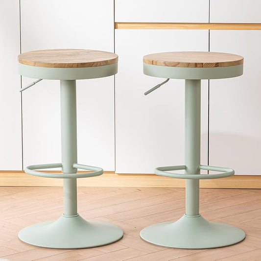Kidol & Shellder Bar Stools Set of 4 Round Adjustable Swivel Barstools Modern Backless Bar Chairs Wooden Seat Counter Height Stools Armless for Kitchen Island, Cafe, Dining Room (Mint Green)