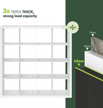 Furinno Cubicle Book Shelf, 16-Cube Bookshelf, Triple Thick Frame Cube Storage Organizer, Bookcase, 15.4 x 57.4 x 56.9, for Home Office, Living Room, Plain White