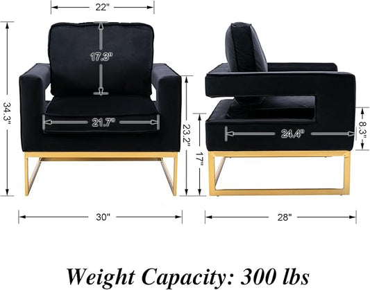 Modern Accent Chair, Velvet Upholstered Side Chair with Backrest, Comfy Armchair Side Chair with Golden Metal Base for Living Room Reception Room, 1PC, Black
