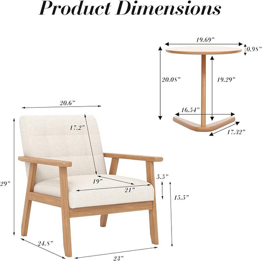 KCC Mid-Century Modern Linen Fabric Accent Chair, Upholstered Leisure Chair Comfy Reading Side Chair with Armrest and Solid Wood Frame for Living Room Bedroom Balcony(Beige)