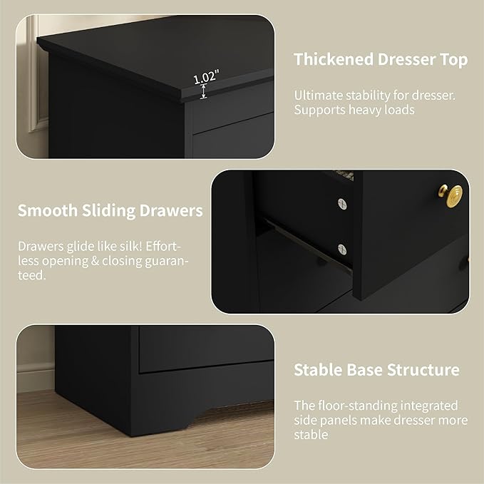 Black Dresser for Bedroom, 10 Drawer Dresser with Large Drawers, 55 Inch Wide Wood Chest for Living Room, Hallway