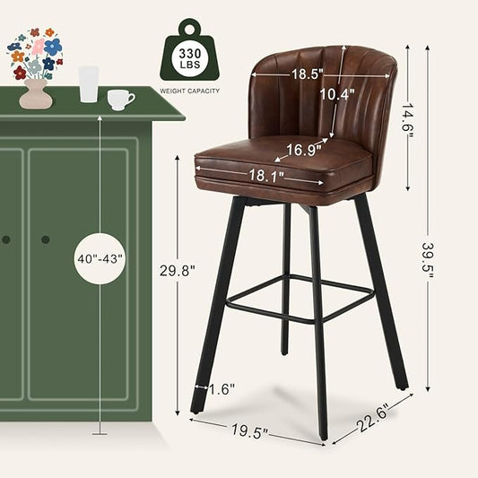 Swivel Counter Height Bar Stools Set of 4, 30'' Modern Barstools with Backs and Metal Legs, Upholstered Bar Chairs, Faux Leather Brown Stools for Kitchen Island Chairs