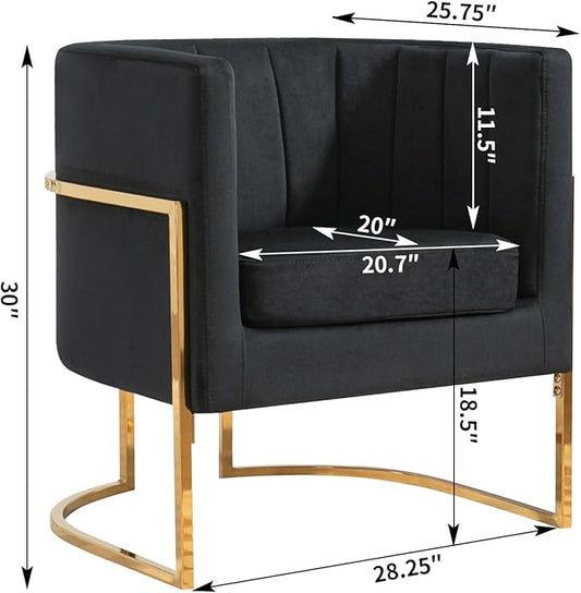 Velvet Modern Accent Chairs Set of 2, Upholstered Barrel Armchair Mid Century with Pillow for Living Room, Comfy Single Vanity Chair with Metal Gold Legs for Bedroom, Black