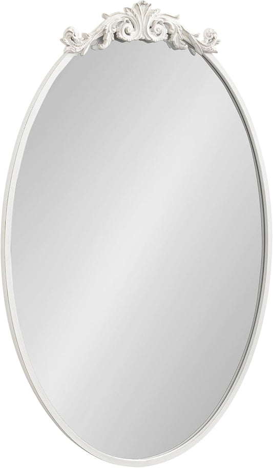 Kate and Laurel Arendahl Traditional Vertical Oval Wall Mirror, 24 x 36, Antique White, Vintage Glam Baroque-Inspired Round Bathroom Vanity Mirror with Ornate Crown