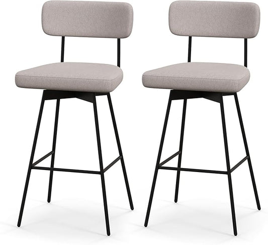 COSTWAY Bar Stools Set of 2, 29” Upholstered Bar Height Chairs with Back, 360° Swivel Bar Chairs with Heavy-Duty Metal Legs and Footrests, Fabric Seat for Kitchen Island, Dining Room, Bar (2, Beige)