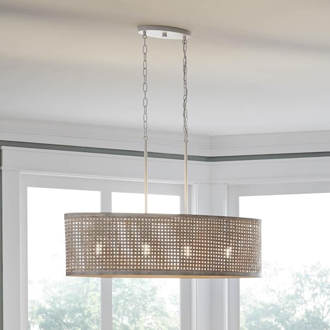 KICHLER Sayulita 4-Light Linear Chandelier in a Classic White Finish with a White Washed Wicker Shade, 82402