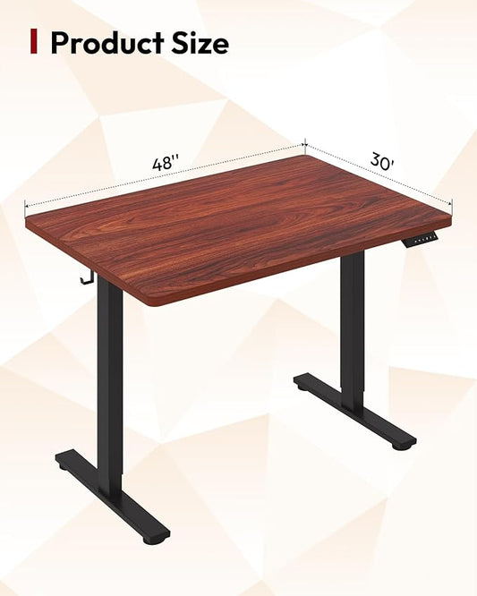 SANODESK Electric Standing Desk 48 x 30 Inches Whole-Piece Desktop Height Adjustable Stand Up Desk w/6-Button Controller Ergonomic Computer Desk for Home Office, Black Frame + Mahogany Tabletop