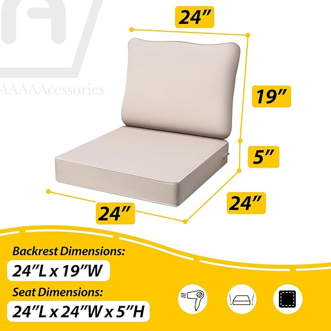 AAAAAcessories Outdoor Deep Seat Cushions, Waterproof, Fade-Resistant Patio Furniture Replacement Cushions, 24" x 24" x 5", Set of 2, Khaki Beige