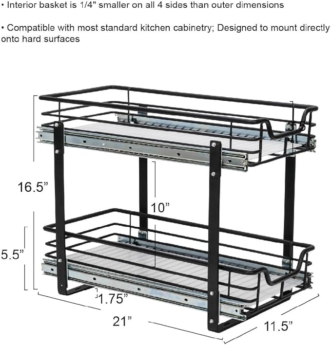 Household Essentials Glidez Multipurpose Paint-Finished Steel Pull-Out/Slide-Out Storage Organizer with Plastic Liners for Under Cabinet Use - 2-Tier Dual-Slide Design, Black