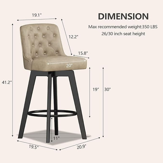 MINCETA Bar Stool, PU Leather Barstool, 30 Inch Upholstered Counter Stool with Low Tufted Back and Footrest, Swivel Counter Height Barstool for Kitchen Island Home Bar Khaki