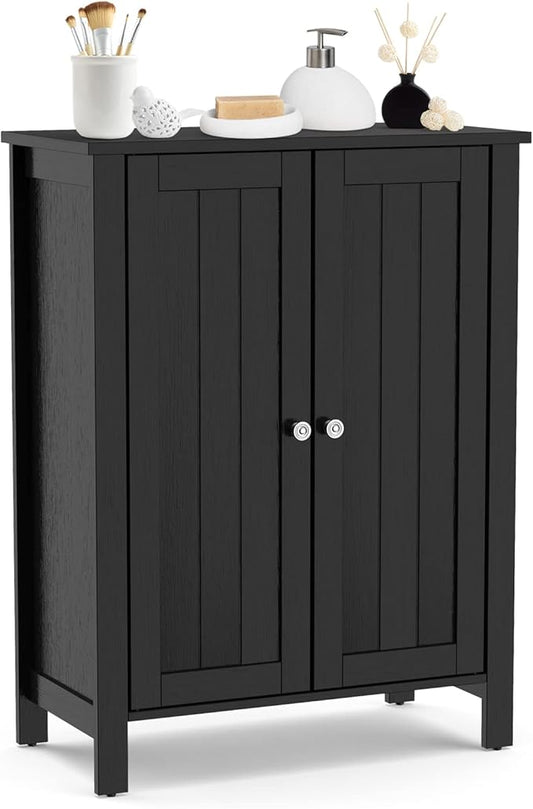 COSTWAY Bathroom Floor Cabinet - Freestanding Side Storage Organizer with Double Doors & Adjustable Shelf, Wooden Storage Cabinet for Living Room, Bedroom, Kitchen, Entryway (Black)