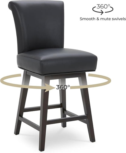 CHITA 26 Inch Counter Height Swivel Bar Stool, FSC Certified Modern Upholstered Faux Leather Swivel Barstool Chair with Back, Black