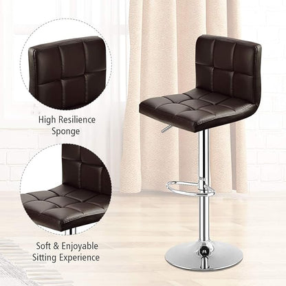 COSTWAY Adjustable Height PU Leather Barstools Set of 2, Brown