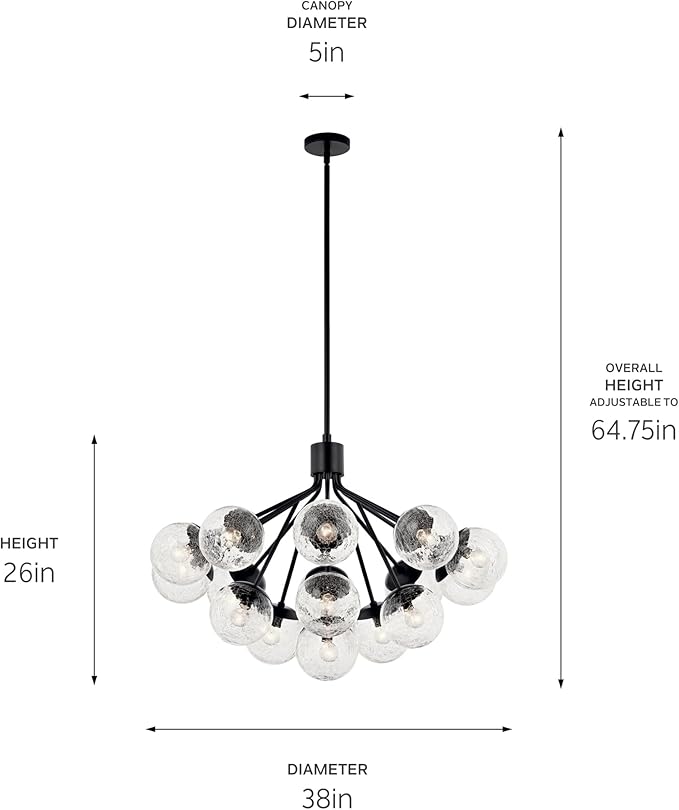 KICHLER Silvarious 16-Light Convertible Chandelier, Soft Modern Light with Clear Crackled Glass in Black, for Dining Room, Living Room or Foyer (26" x 38"), 52702BK