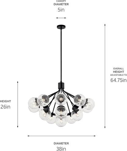 KICHLER Silvarious 16-Light Convertible Chandelier, Soft Modern Light with Clear Crackled Glass in Black, for Dining Room, Living Room or Foyer (26" x 38"), 52702BK